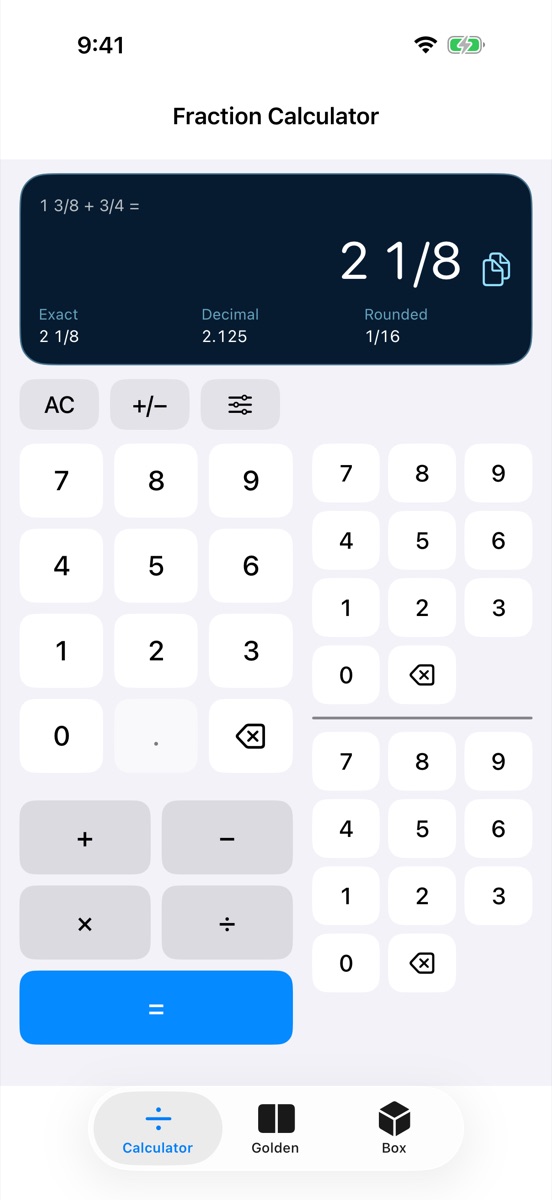 The Dividers fraction calculator showing 1 3/8 + 3/4 = 2 1/8, with whole-number, numerator and denominator keypads.